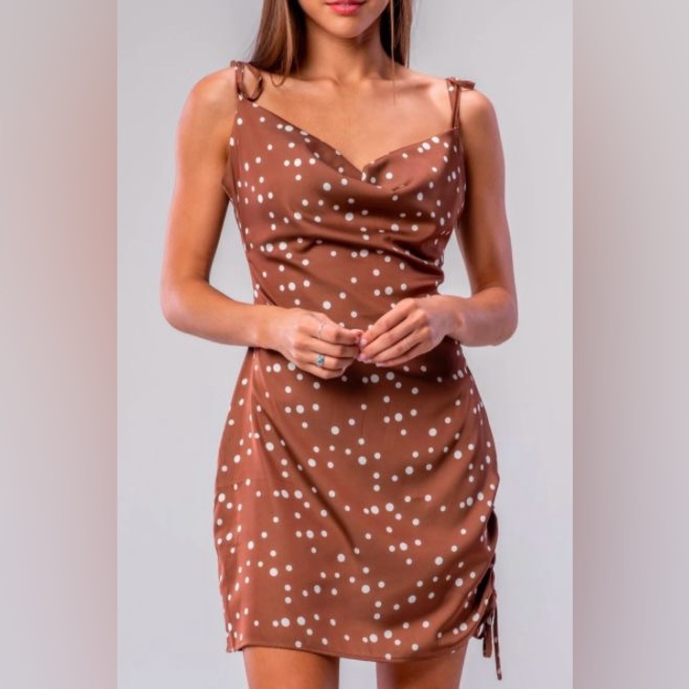 BY EGREIS - SATIN POLKA DOT BROWN MINI DRESS - SIZE XS